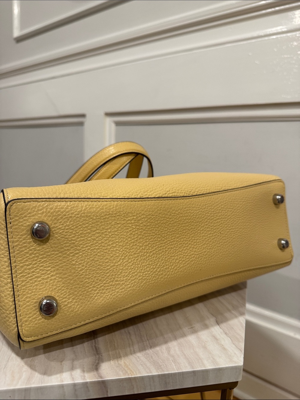 Coach Bag Cammie Pale Yellow Pebbled Leather Tote with Chain-Strap Handles - Picture 8 of 17